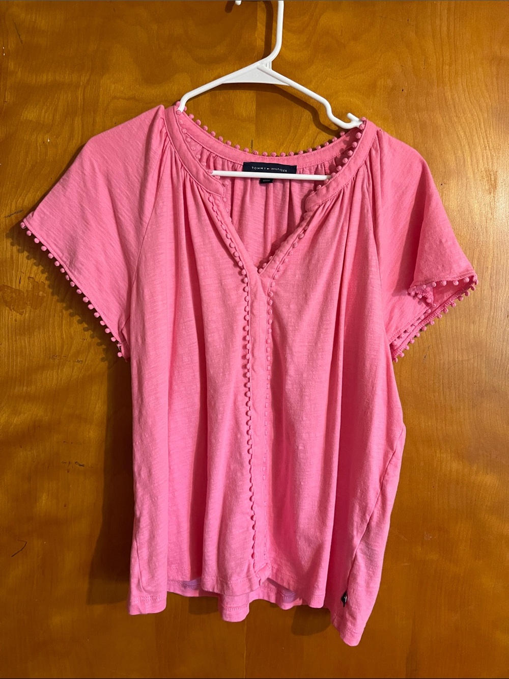 Tommy Hilfiger Pink Pom-Trim V-Neck Blouse